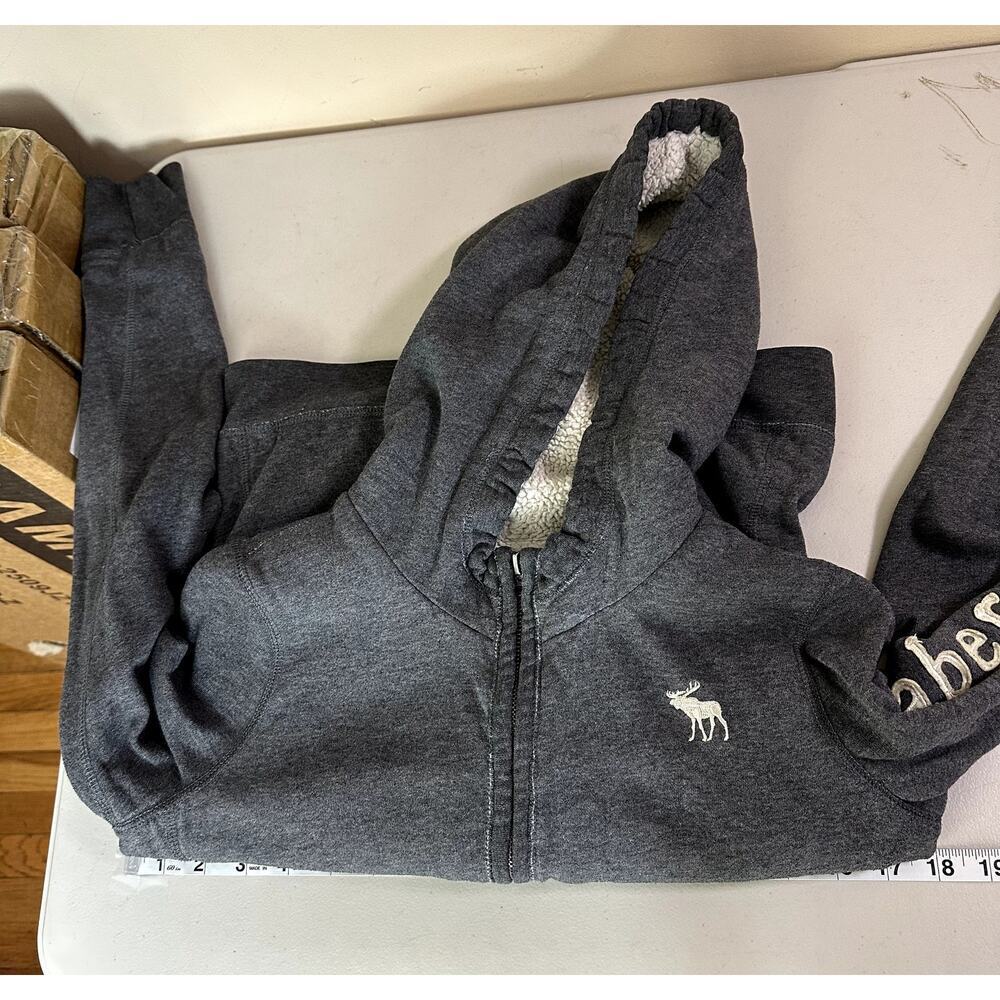 Abercrombie Kids Sherpa‎ Lined Zip Hoodie Jacket Gray XL Y2K Spellout Retro - Picture 8 of 10